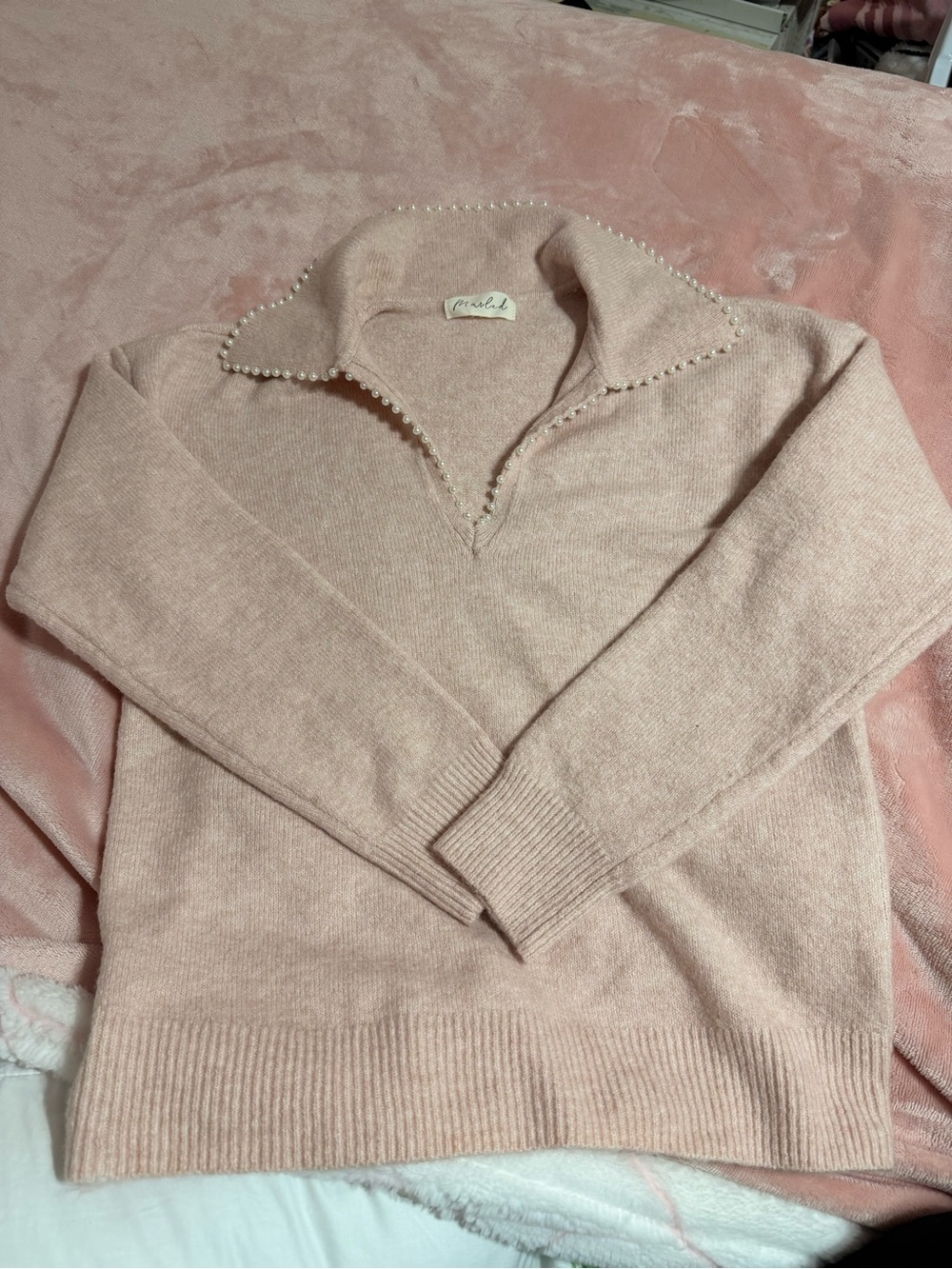 Marled Blush Pink Pearl-Trim Cowl Sweater